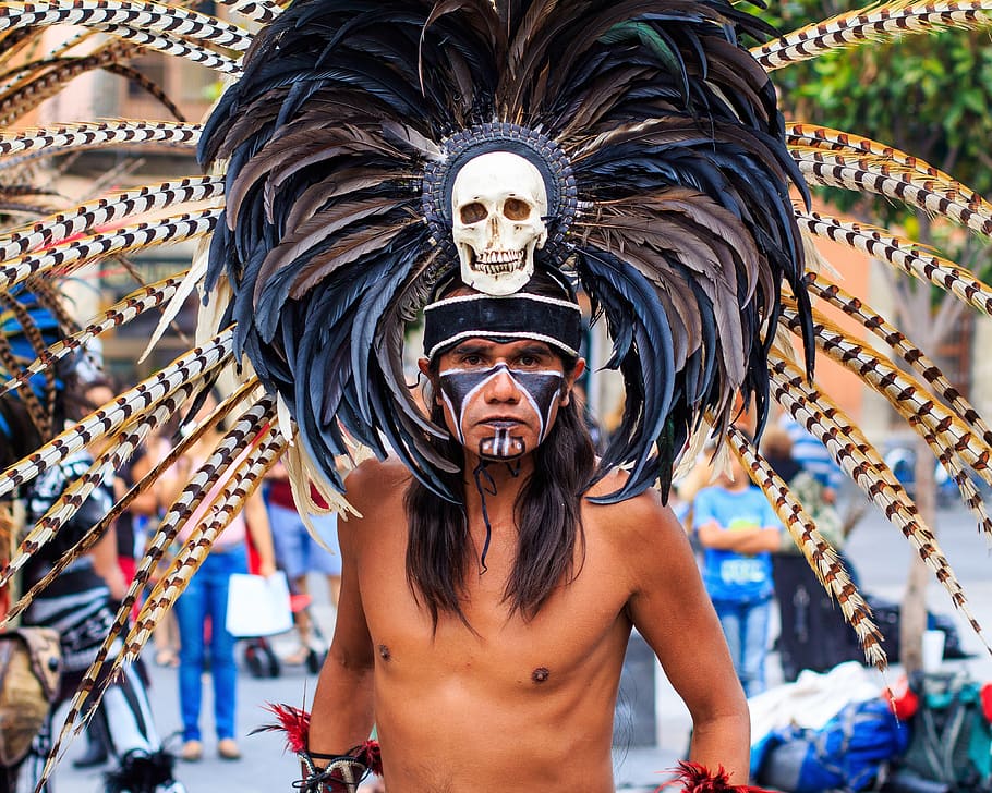 guerrero, asteca, méxico, tradicional, cultura, guerreiros, posando, tradição, tribo, velho