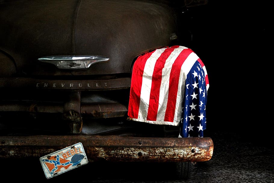 black, chevrolet vehicle, us, flag, left, headlight, american, old, traditional, classic