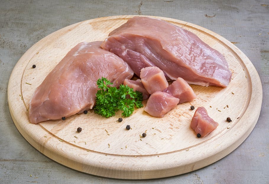 chicken breast, green, parsley, round, chopping, board, pork, meat, raw, butcher