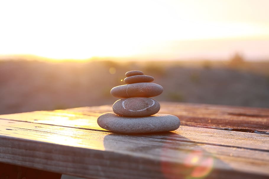 selective, focus photograph, cairn, wooden, surface, sunset, nature, relaxation, tranquil, stack