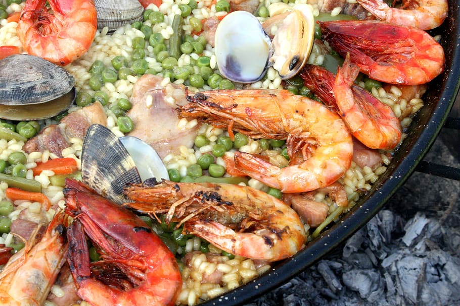 steamed, shrimp, beans, paella, lena, fire, valencia, seafood, mixed, clams