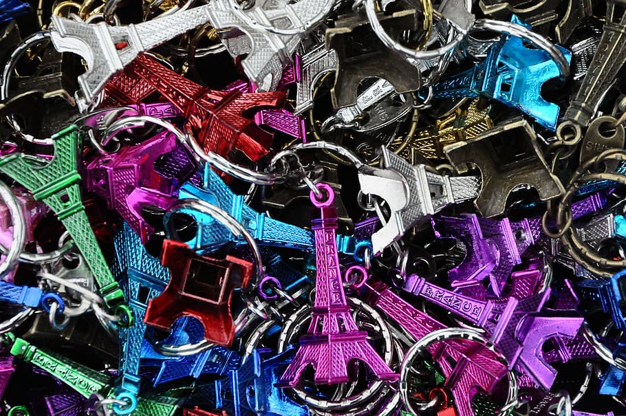 key ring, eiffel tower, memories, paris, colors, tourist, full frame, backgrounds, large group of objects, abundance