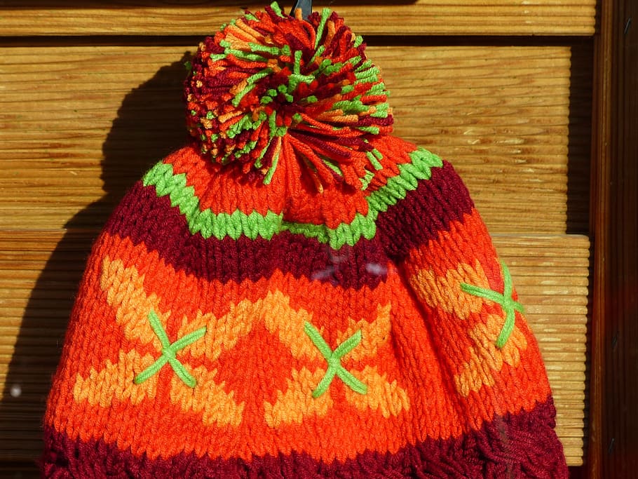 cap, colorful, orange, cheerful, warm, knitted, knit beanie cap, wool, bobble hat, pattern