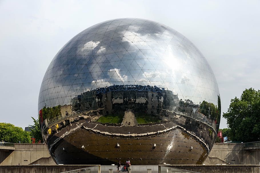 landmark photography, geodesic dome, la géode, mirror-finished, theater, parc de la villette, paris, gardens, reflective, architecture