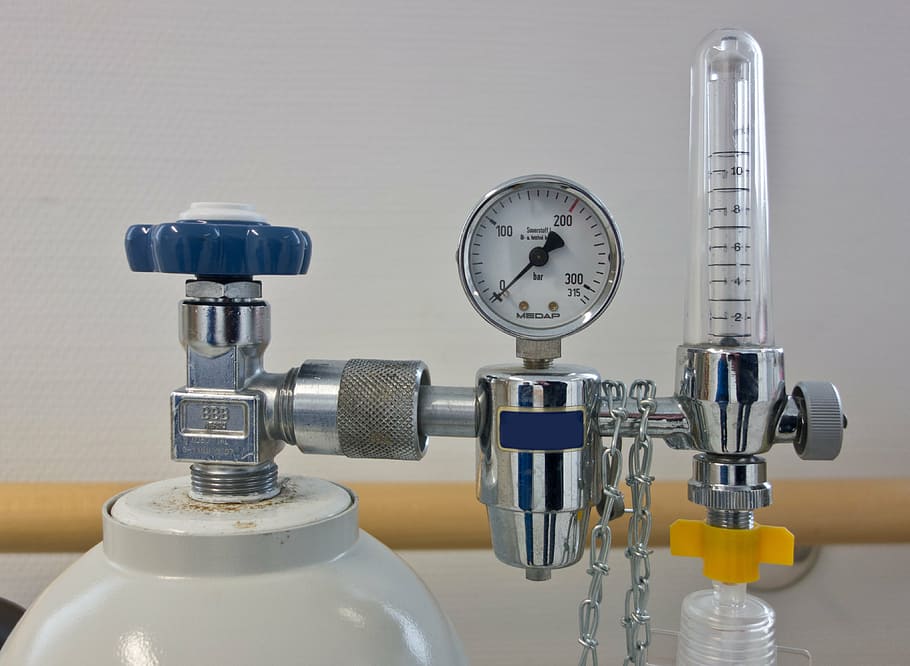 blanco, gris, médico, presión de oxígeno, oxígeno, regulador de presión, oxígeno laxo, botella, botella de gas, respiración artificial