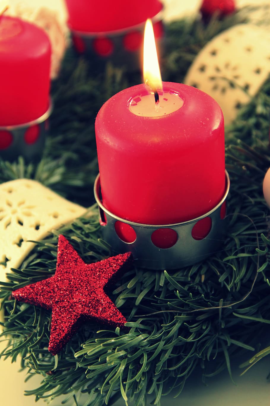 red, candle, silver candle holder, decoration, christmas, xmas, advent, candlelight, flame, christmas decoration