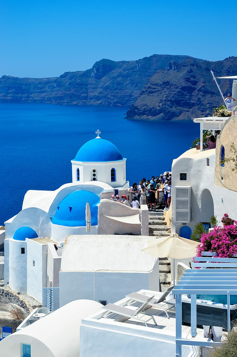 blue, dome santorini, sky, daytime, Sea, Greece, Europe, Holidays, Island, summer