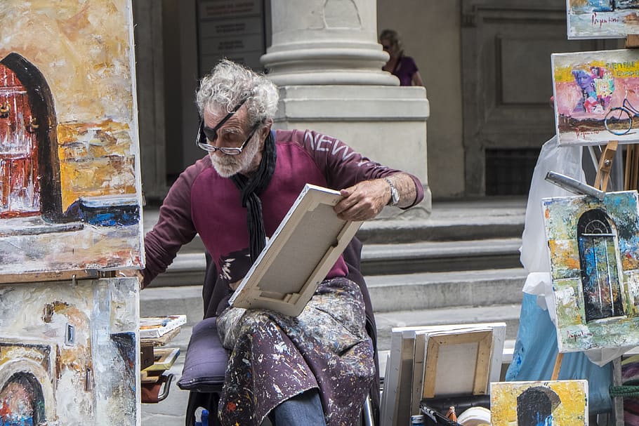 画家, アート, フィレンツェ, ストリートアーティスト, シニアアダルト, 座っている, 白髪, 人, 大人, 人間の表現