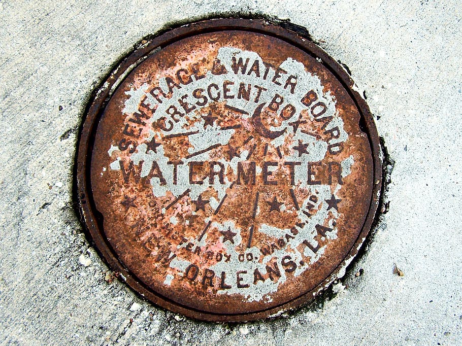 water, meter, sewerage, hole, lid, metal, manhole, cover, rusted, new orleans