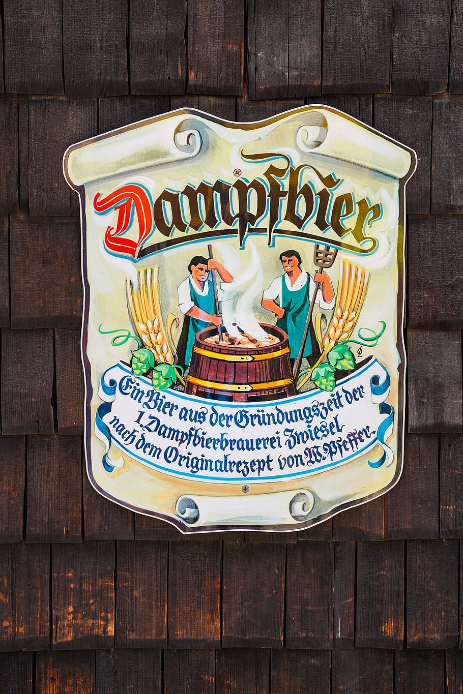 shield, metal sign, old sign, old metal sign, beer advertising, steam beer, bavarian forest, zwiesler forest house, drinkable, funny