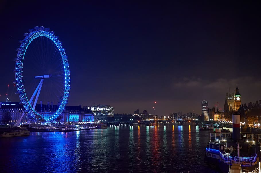 photography, london, eye, nighttime, the eye, night photograph, london eye, blue, united kingdom, parliament