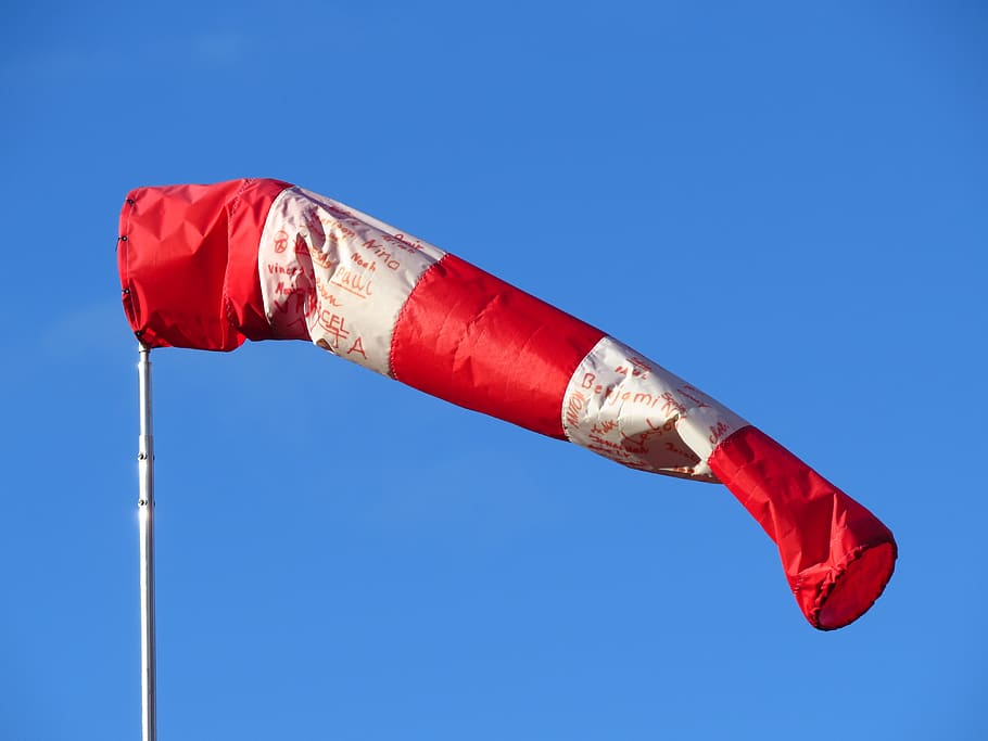 vermelho, branco, bandeira do tubo de ar, pólo, indicador de direção do vento, air bag, desde vento, cata-vento, aeródromo regional, anemômetro