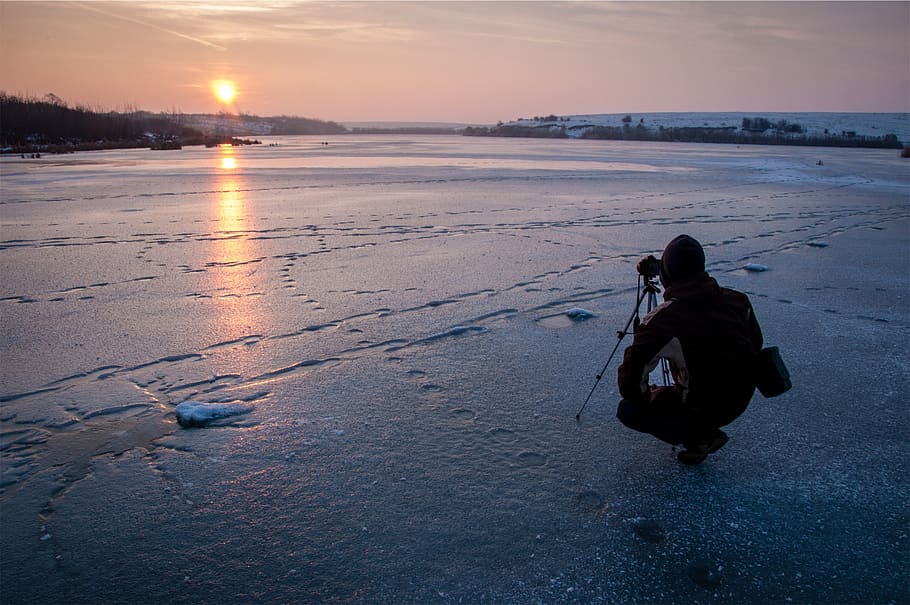 fotógrafo, fotografía, puesta de sol, cámara, invierno, zing, congelado, hielo, frío, gente