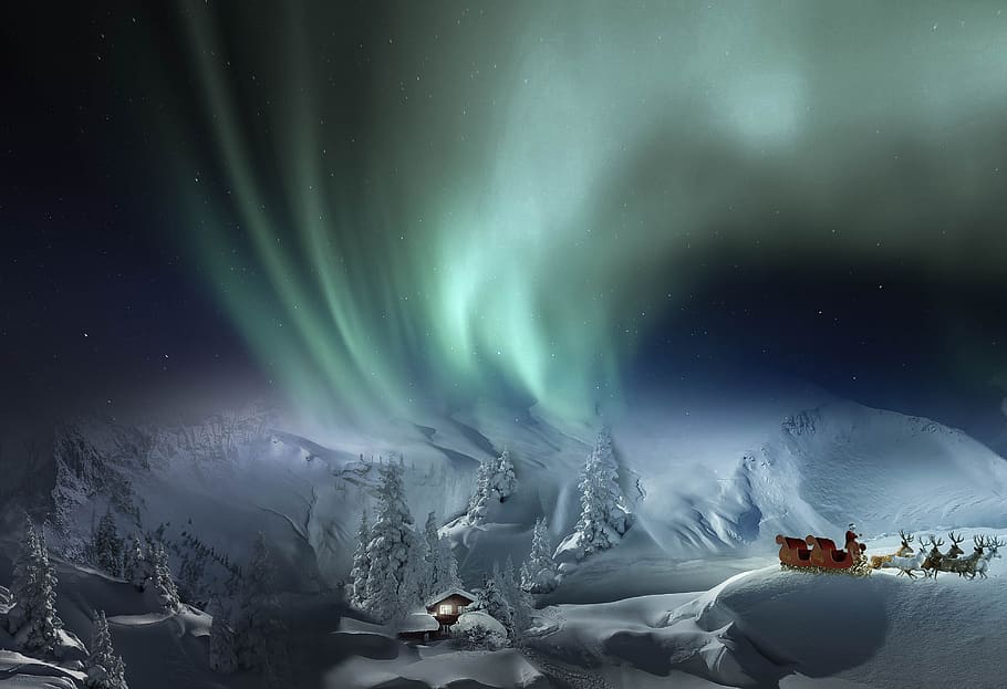 fantasy, north pole, dream world, aurora, snow, santa claus, slide, mountains, cold temperature, night