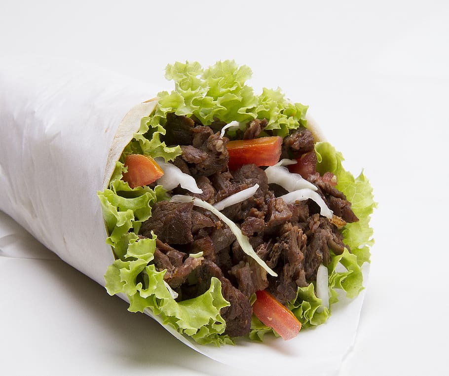 meat, vegetable taco, kebab, sandwich, pork, food, fast, meal, lunch, tomato