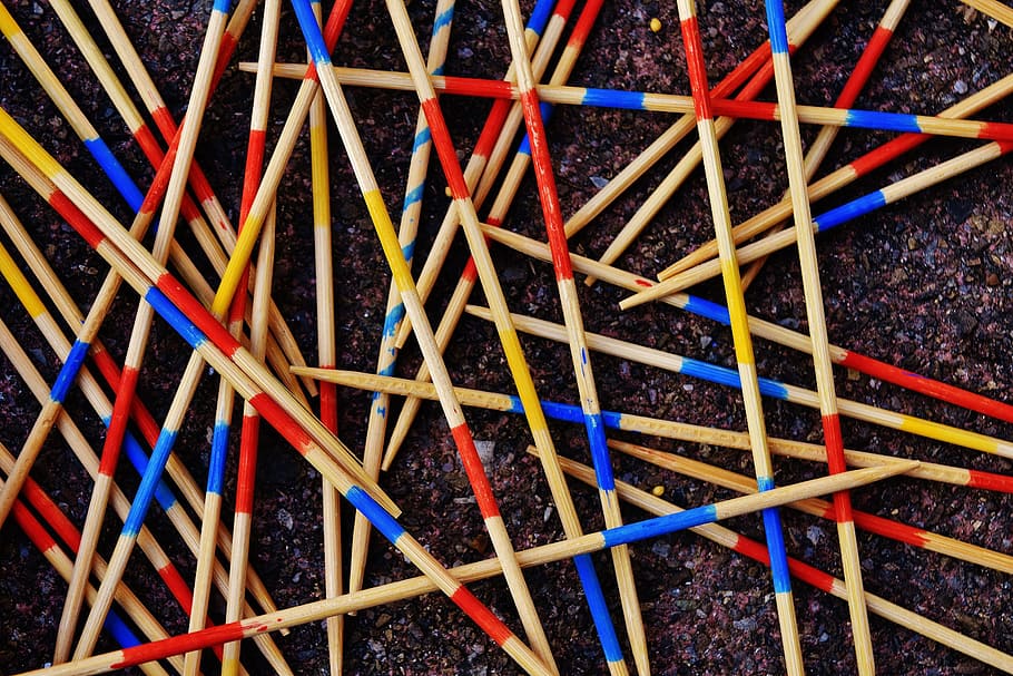 superposición de palos de colores variados, negro, pared, Mikado, juego, rompecabezas, habilidad, colorido, palos de madera, palillos