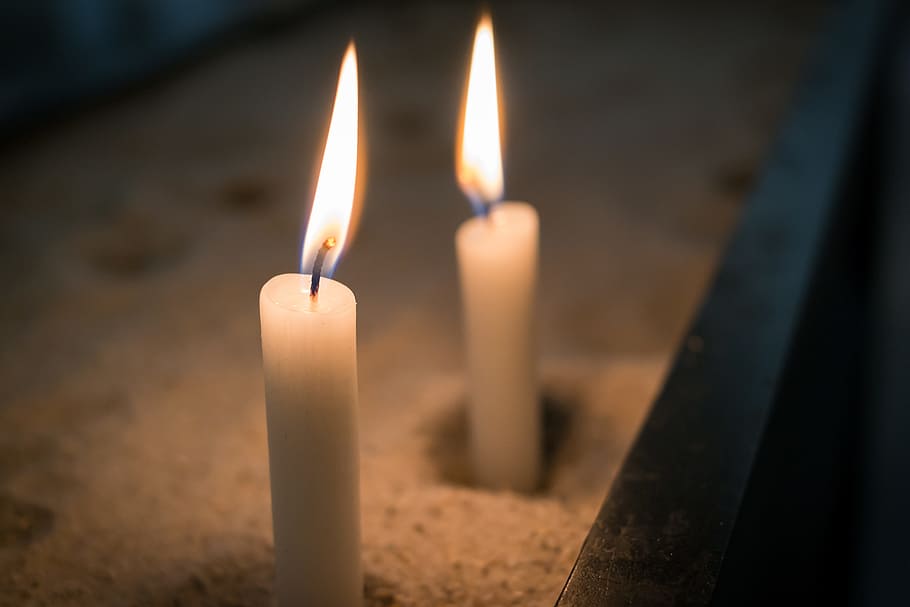 shallow, focus photography, two, white, candles, light, shallow focus, photography, candle, flame