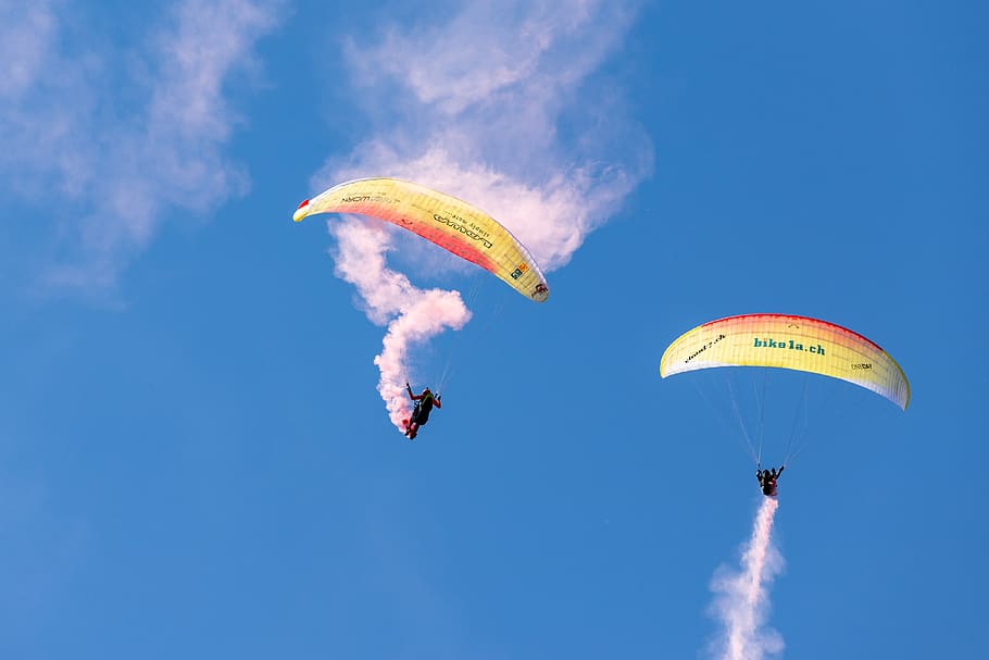 parachute, paragliding, flugshow, adventure, sport, activity, extreme, extreme sports, flying, mid-air