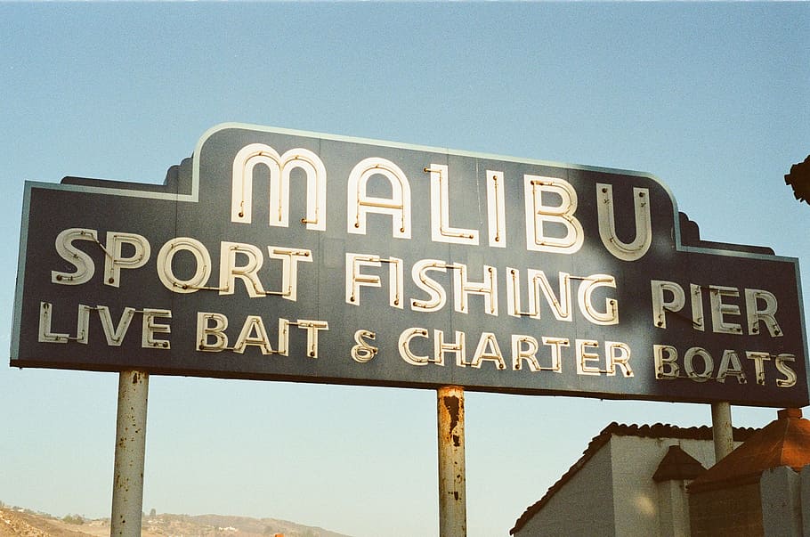 malibu sport fishing pier, live, bait, &, charter boats signage, malibu, sport, fishing, pier, signage