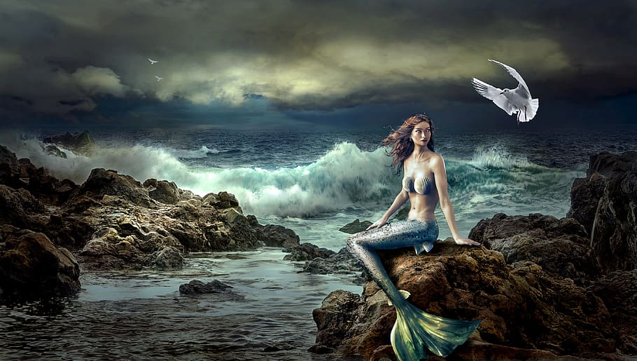 blue, mermaid, sitting, brown, rock painting, fantasy, mystical, nature, sea, beautiful