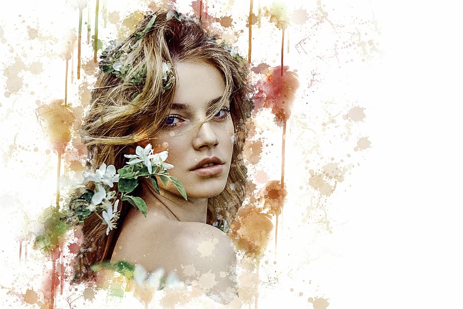 woman face, floral, digital, wallpaper, beautiful, woman, girl, model, female, young