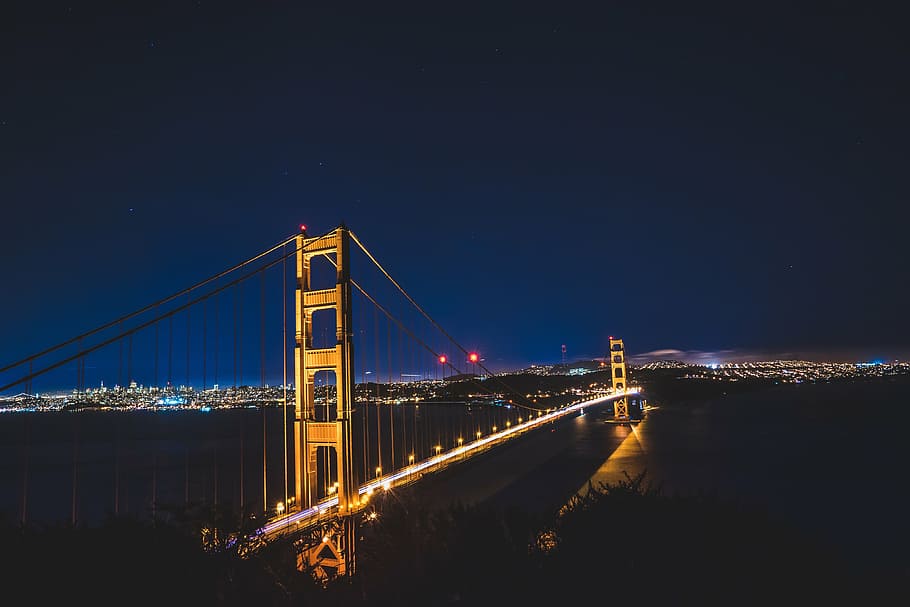 jembatan oranye cityscape, emas, gerbang, jembatan, malam, waktu, Jembatan Golden Gate, San Francisco, arsitektur, teluk