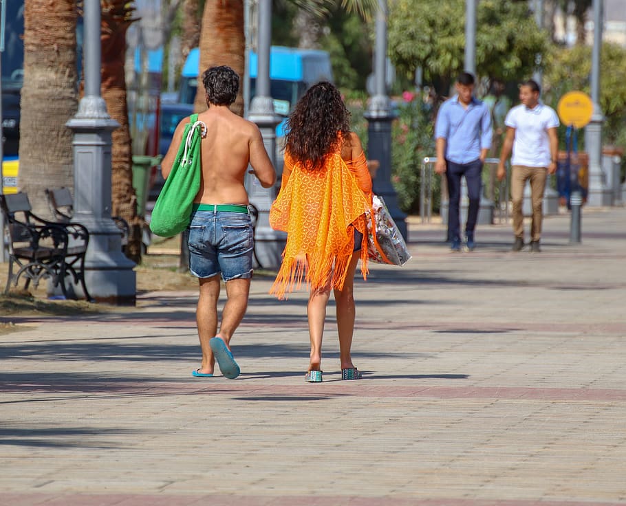 woman, man, pair, shopping, young, walk, vacations, summer, colorful, leisure