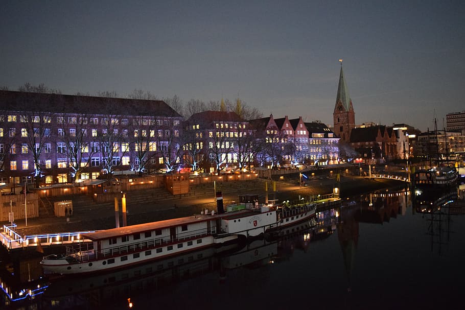 Bremen, Bunuh, Pasar Natal, Weser, kapal, air, kota, sungai, diterangi, arsitektur