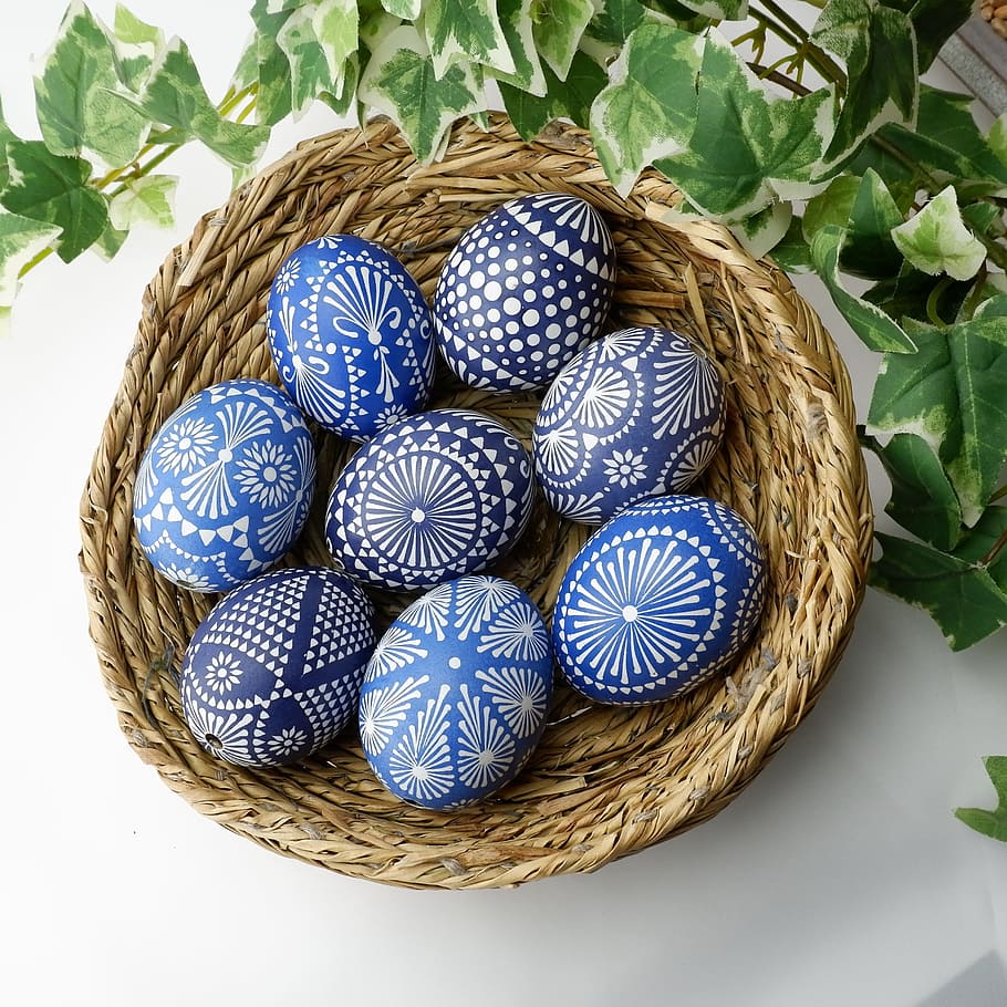 blue-and-white washi egg ornaments, placed, oval, wicker basket, sorbian easter eggs, easter eggs, easter egg, easter decoration, wax technique, happy easter