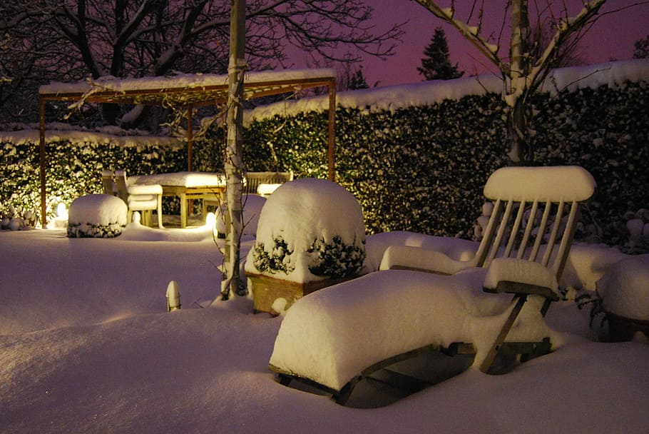 Snow, Garden, Furniture, Terrace, Nature, garden, furniture, cosy, illuminated, night, indoors