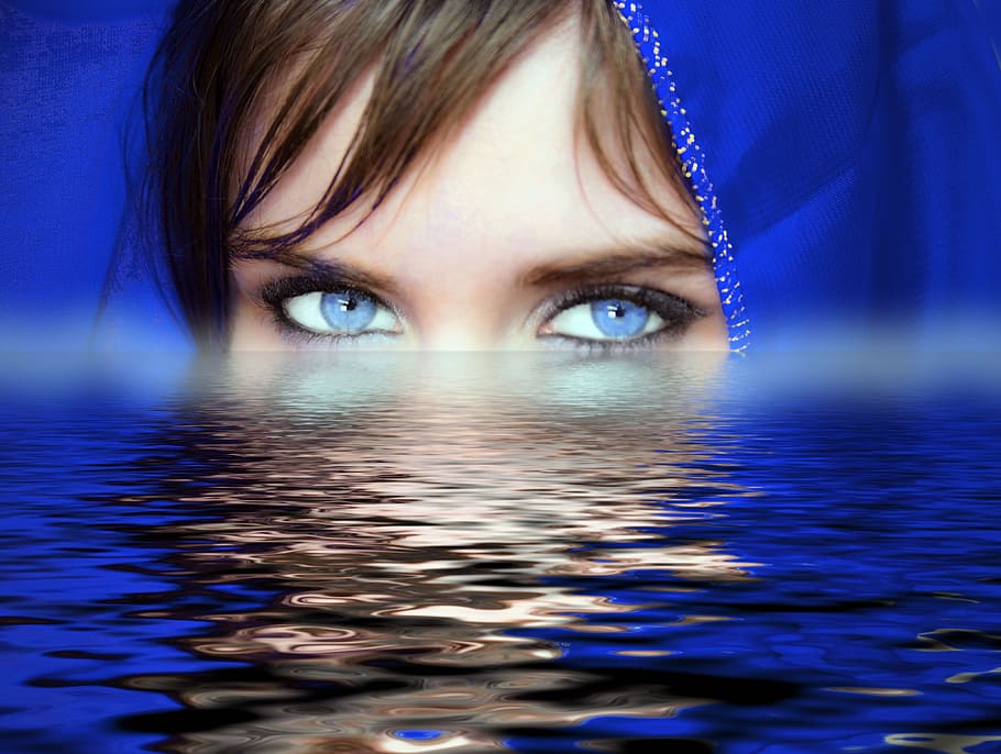 mulher, azul, lente ocular, lenço na cabeça, corpo, agua, olhos azuis, hijab, calma, olhos