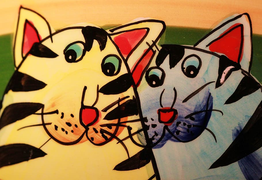 two animal paintings, cat, animal, cat face, head, portrait, animal portrait, close, tiger cat, painted