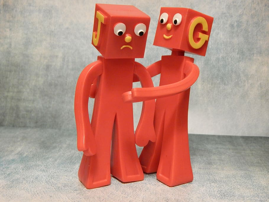 red, letter j, g plastic toys, friends, comfort, care, cheer up, soothe, friendship, depression