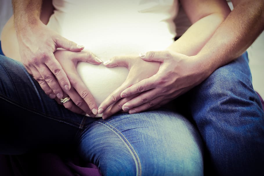 couple, making, heart shape hand gesture, woman belly, baby belly, pregnant, birth, human, belly, pregnancy