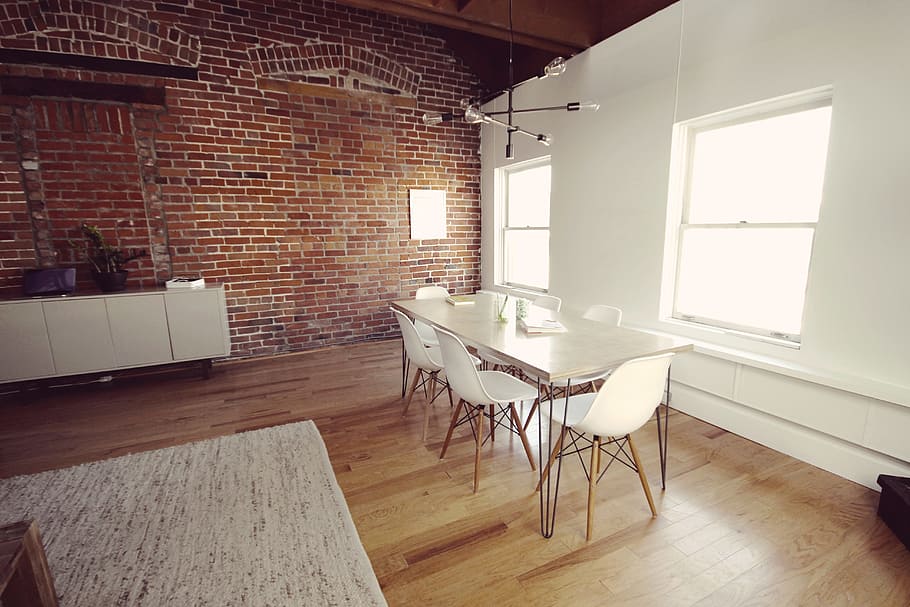 vacant, white, brown, wooden, dining, set, window, office, desk, table