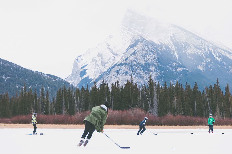 playing, frozen, lake, banff, national, park, People, Hockey, frozen lake, Banff National Park