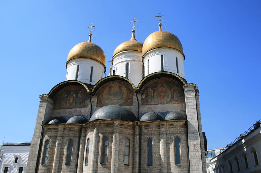 church, russian, archetecture, russian orthodox, buildings, sky, religion, outside, golden domes, curved facade