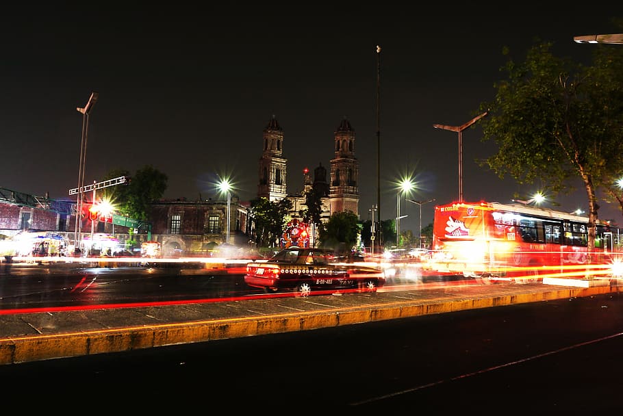 bus, jalan, waktu malam, kota meksiko, gereja, meksiko, katedral meksiko, penglihatan, kubah, sejarah