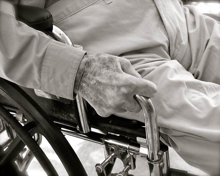 grayscale photo, person seating, wheelchair, Elderly, Senior, Aged, Person, aging, mature, healthcare