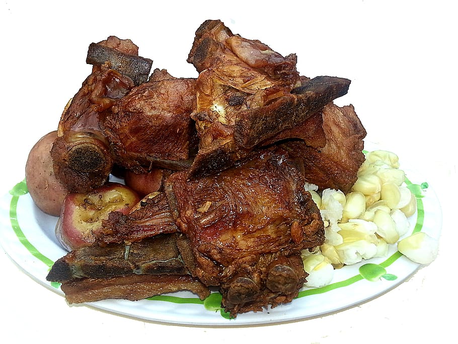 food, typical bolivian dish, pig, pork, ribs, mote, pork rinds, gastronomy, food and drink, freshness