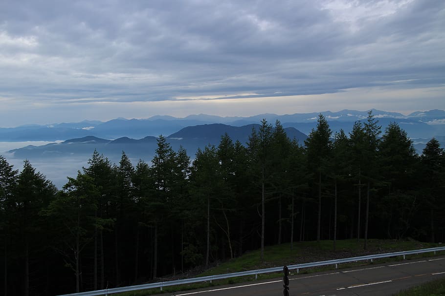 cielo, las nubes, bosques, autopista, japón, monte fuji, nube - cielo, montaña, árbol, transporte