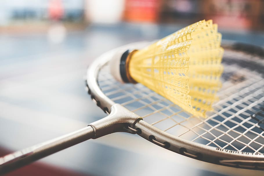 raquete de badminton, fechar, badminton, raquete, amarelo, peteca, close-up, ativo, ajuste, jogos