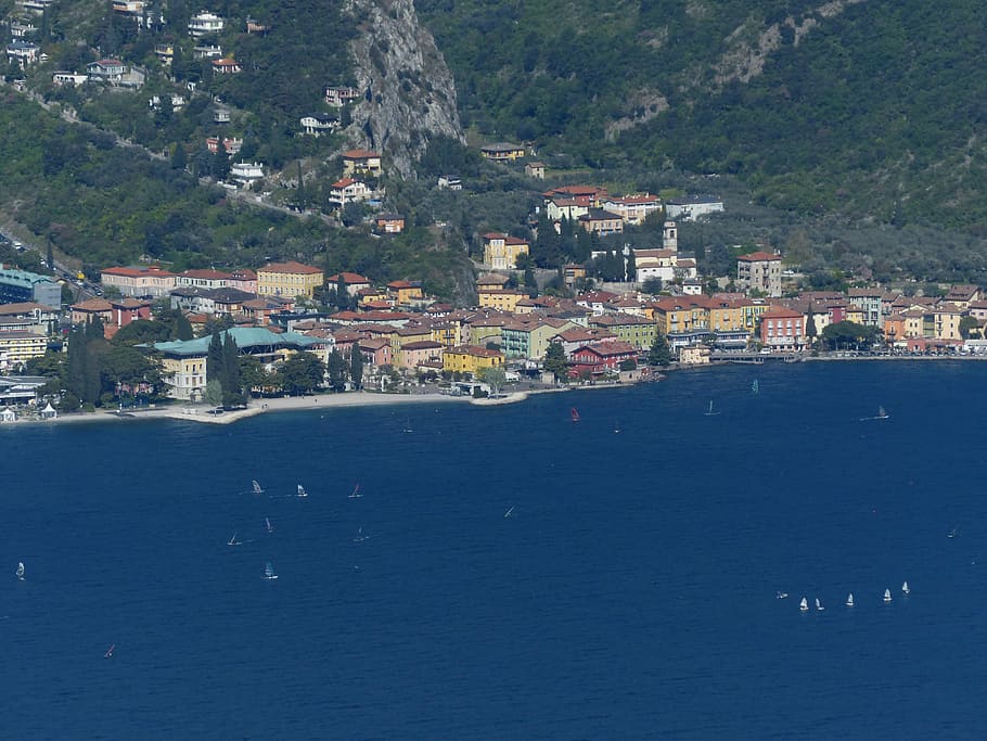 Torbole, Garda, City, Lake, homes, blue, windsurfer, surfer, mountain, water