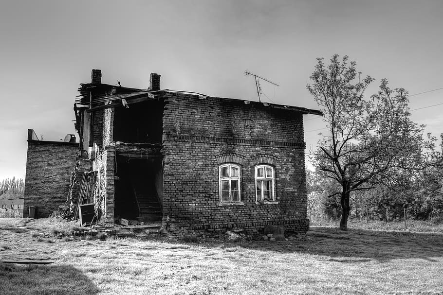 black and white, house, the ruins of the, destroyed, thrown down, grunge, old, brick, demolition, architecture