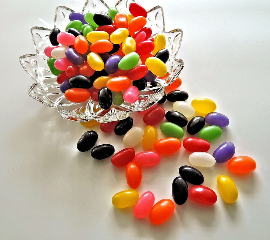 assorted-flavor jelly beans, clear, glass bowl, jelly beans, candy, confection, vibrant colors, food, multi colored, large group of objects