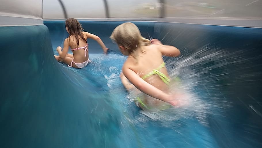 two, girls, slide, Fun, Water Slide, Children, water fun, swimming Pool, water, adult