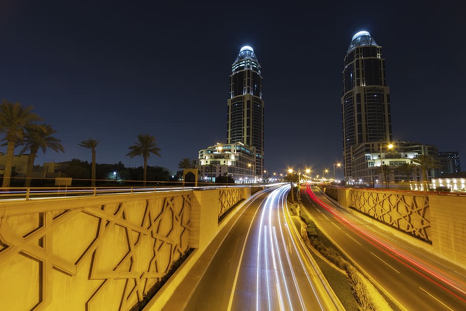 the pearl, doha, qatar, roads, lights, traffic, buildings, architecture, twin towers, pearl gateway towers
