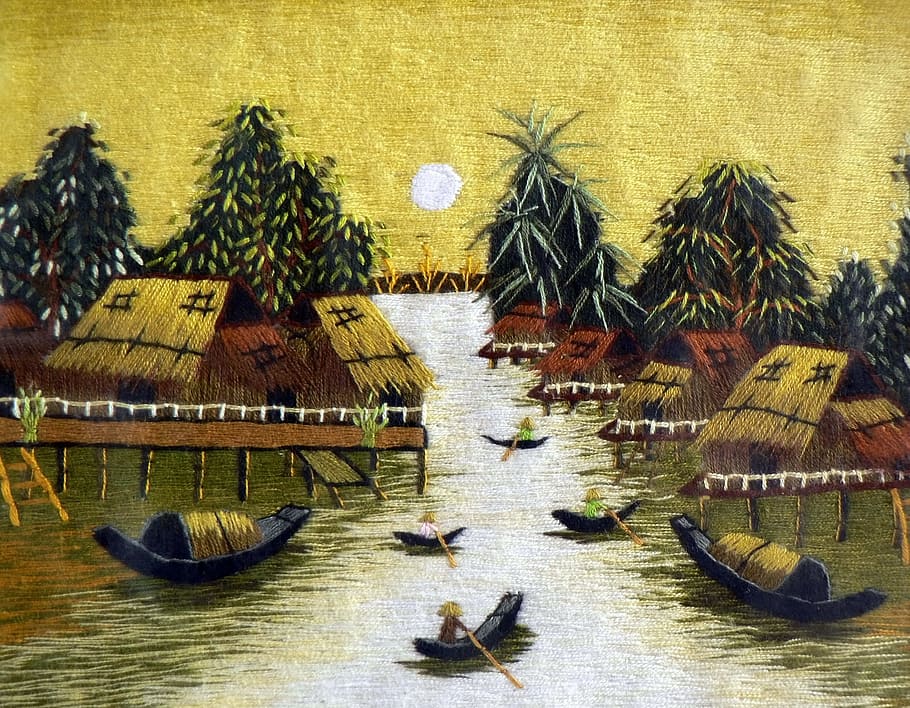 tapestry, landscape, viet nam, fabric, points gained, water, nautical vessel, group of animals, transportation, vertebrate
