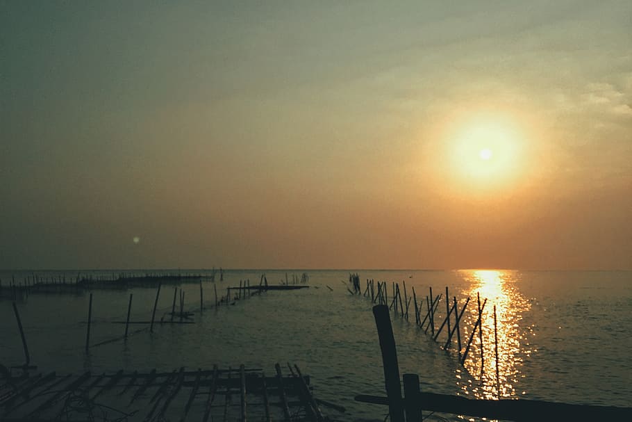 Dongshih, Fisherman, Wharf, brown wooden board, sky, water, sun, sunset, scenics - nature, beauty in nature