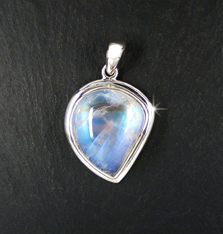 silver-colored pendant, clear, gemstone, moonstone, ground, jewellery, trailers, adulareszenz, bluish, white
